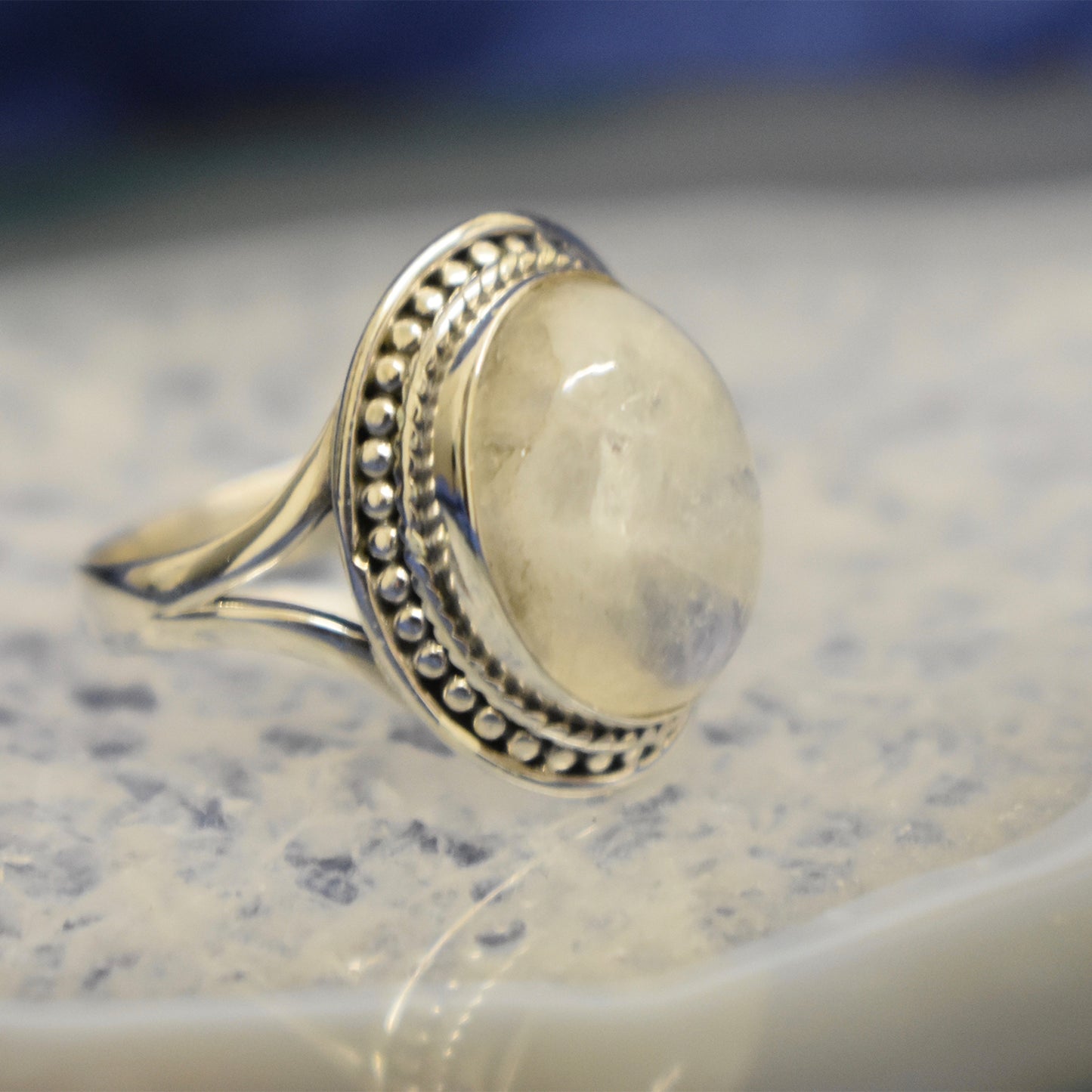Ganesha Handicrafts Dotted Moonstone Ring Copy , Sterling sliver , Moonstone ring , Stylish ring , Stone ring , Designing ring , Dotted ring