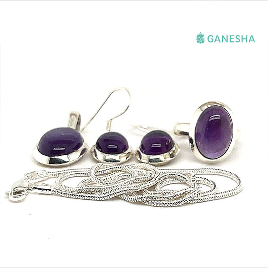 Ganesha Handicrafts, Amethyst Cabochon , 925 Sterling Silver jewellery Gift Set With Free Chain, Amethyst Cabochon , 925 Sterling Silver jewellery Chain, 925 Sterling Silver jewellery , Womens - 925 Sterling Silver jewellery Gift Set With Free Chain, Fashion- 925 Sterling Silver jewellery Gift Set With Free Chain, Trending Womens Jewellery Gift, 925 Sterling Silver.