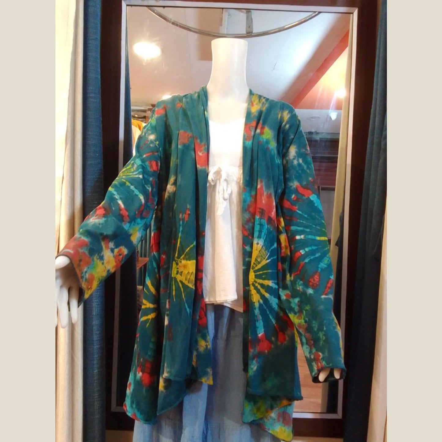 Ganesha Handicrafts- Women Open cardigan super stretchable green Multicoloured, psychedelic colours, Women open Cardigan Super Stretchable, Open Cardigan super Stretchable for women, Block Multicoloured Open Cardigan Stretchable For Women.