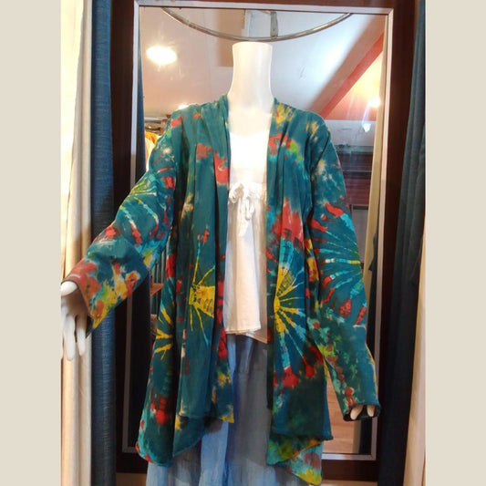 Ganesha Handicrafts- Women Open cardigan super stretchable green Multicoloured, psychedelic colours, Women open Cardigan Super Stretchable, Open Cardigan super Stretchable for women, Block Multicoloured Open Cardigan Stretchable For Women.