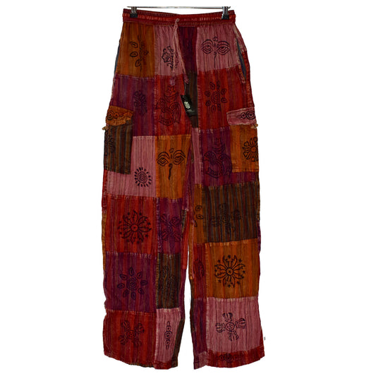 Ganesha Handicrafts, Nepalese Stamp Patchwork Trousers, Nepalese Stamp Trousers, Trending Trousers, Trousers, Red Colour Nepalese Stamp Patchwork Trousers.
