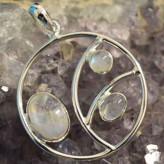 Ganesha Handicrafts, Sterling Silver Circle Stoned Pendant (925), Sterling Silver Stoned Pendant, Circle Stoned Pendant, Women's Trending Pendant, Moonstone Style pendant, Traditional Pendant.
