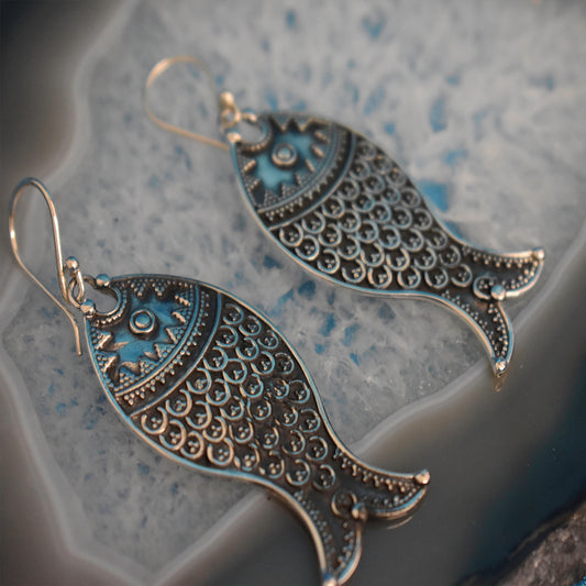 Ganesha Handicrafts, Sterling Silver Fish Tail Earrings (925), Silver Fish Earrings, 925-Silver Earrings, Womens Trending Earrings, Fish Tail Modal earrings, Women's Fashion Stylized Earrings.