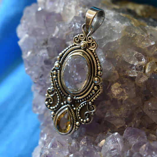 Ganesha Handicrafts, Sterling Silver Quartz and Citrine Pendant (925), Sterling Silver Quartz and Citrine Pendant, Sterling Silver Pendant, Women's Trending Pendant, Women's Modern Pendant, 925-Sterling Silver Pendant.