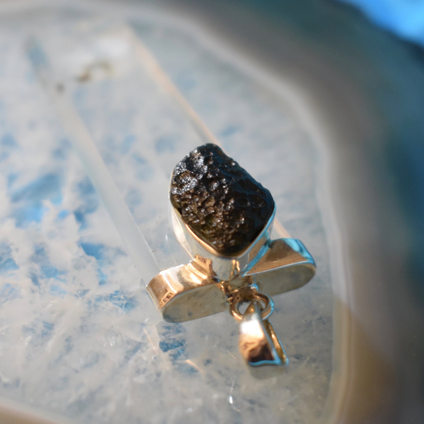 Ganesha Handicrafts, Sterling Silver Quartz and Moldavite Pendant, 925-Silver Pendant, Silver Quartz and Moldavite Pendant, Women's Trending Pendant, Womens Pendant Collection, Stylized Pendant.