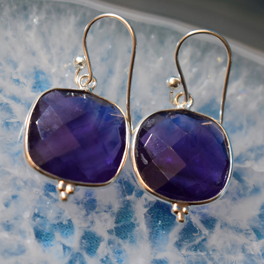Ganesha Handicrafts, Sterling Silver Square Faceted Amethyst Earrings (925), Sterling Silver Amethyst Earrings, Square Faceted Amethyst Earrings, 925-Silver Amethyst Earrings, Womens Trending Earrings, Women's Fashion Earrings, New Earring Collections.