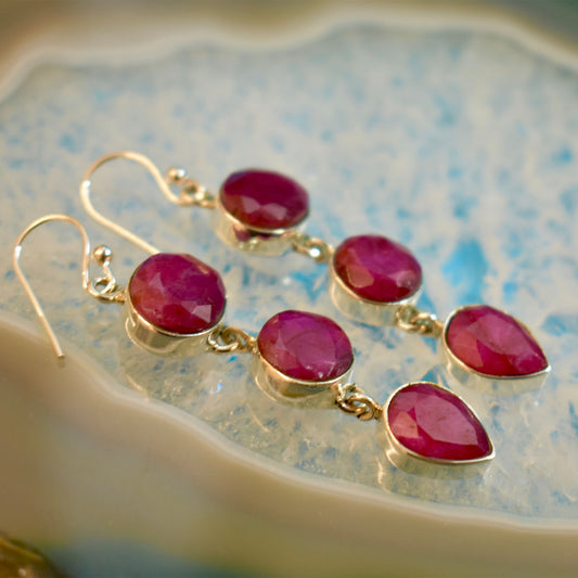 Ganesha Handicrafts Sterling Silver Triple Drop Ruby Earrings (925), Earrings, Ruby Earrings, Drop Ruby Earrings, Triple Drop Earrings, Silver Earrings, Sterling Triple Drop Earrings