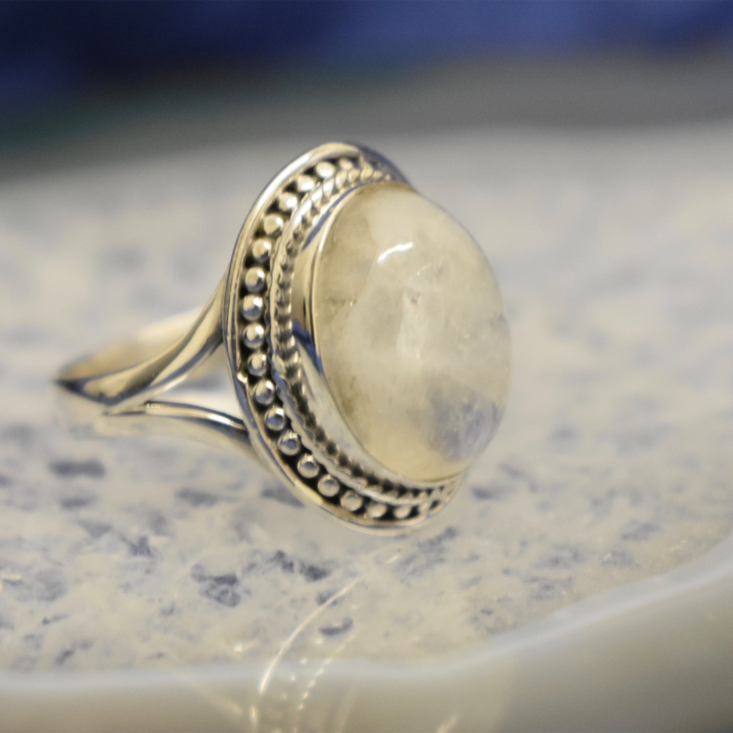 Ganesha Handicrafts Dotted Moonstone Ring Copy , Sterling sliver , Moonstone ring , Stylish ring , Stone ring , Designing ring , Dotted ring