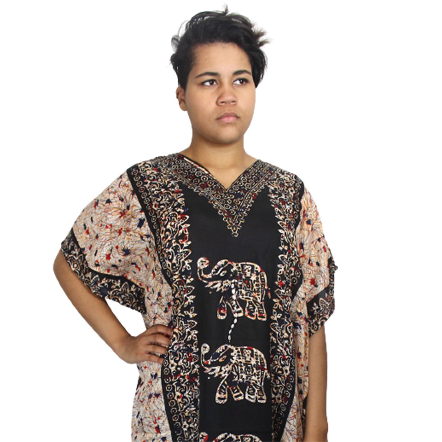 Ganesha Handicrafts Long Elephant Print Kaftan, Kaftan, Print kaftan, Elephant Kaftan, Elephant Printed Kaftan, Long Kaftan, Black Kaftan