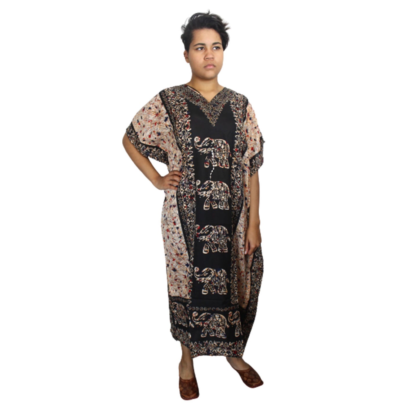 Ganesha Handicrafts Long Elephant Print Kaftan, Kaftan, Print kaftan, Elephant Kaftan, Elephant Printed Kaftan, Long Kaftan, Black Kaftan