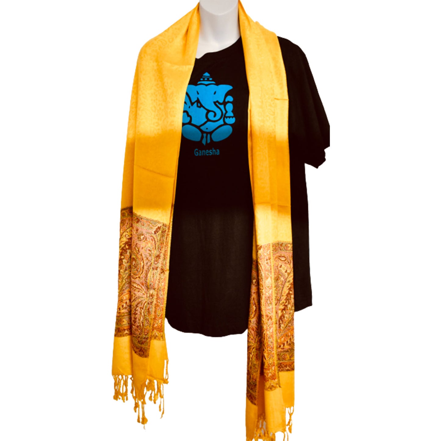 Ganesha Handicrafts Silk Pashmina Yellow Paisley shawl, Silk Pashmina Yellow Shawl, Shawl, Paisley Shawl, Yellow Paisley Shawl, Pashmina Shawl