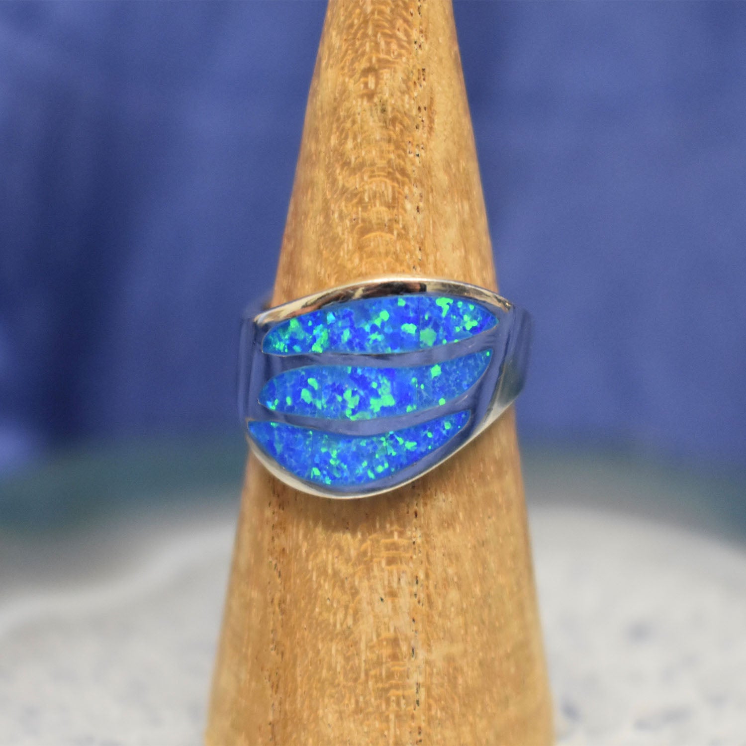 Ganesha Handicrafts, Blue Cultured Opal Ring, Blue Opal Ring, Women's Fashion Ring, Cultured Ring, Traditional Women's Ring. 