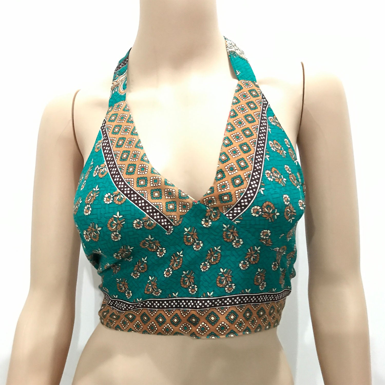 Ganesha Handicrafts Choli Indian Crop Top Halter Neck Back Less (Reversible), Crop Top, Choli Indian Crop top, Halter Neck, Reversible, Back less, halter Neck back less, Green Crop Top