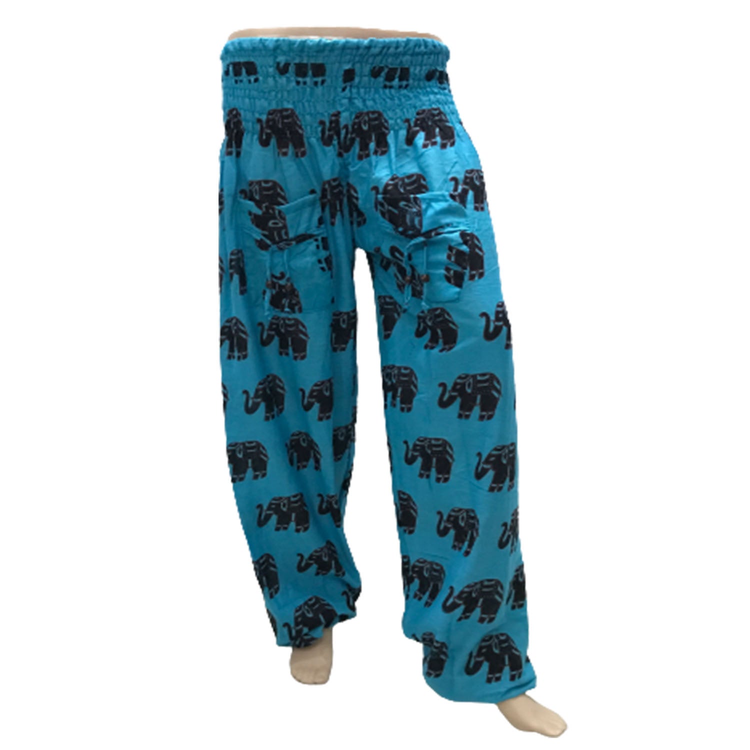 Ganesha Handicrafts, Cuffed Elephant Print Casual Trousers, Cuffed Casual Trousers, Elephant Print Trousers, Light Blue colour Cuffed Elephant Print Casual Trousers.