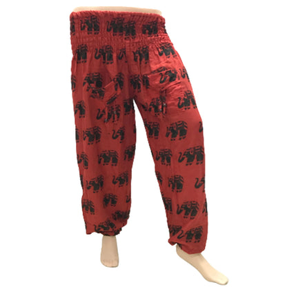 Ganesha Handicrafts, Cuffed Elephant Print Casual Trousers, Cuffed Casual Trousers, Elephant Print Trousers, Orange colour Cuffed Elephant Print Casual Trousers.