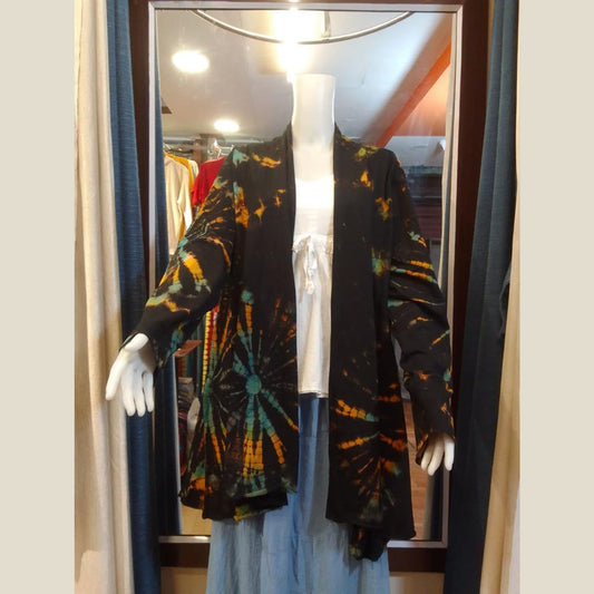 Ganesha Handicrafts- Women Open cardigan super stretchable Black Multicoloured, psychedelic colours, Women open Cardigan Super Stretchable,  Open Cardigan super Stretchable for women, Block Multicoloured Open Cardigan Stretchable For Women.