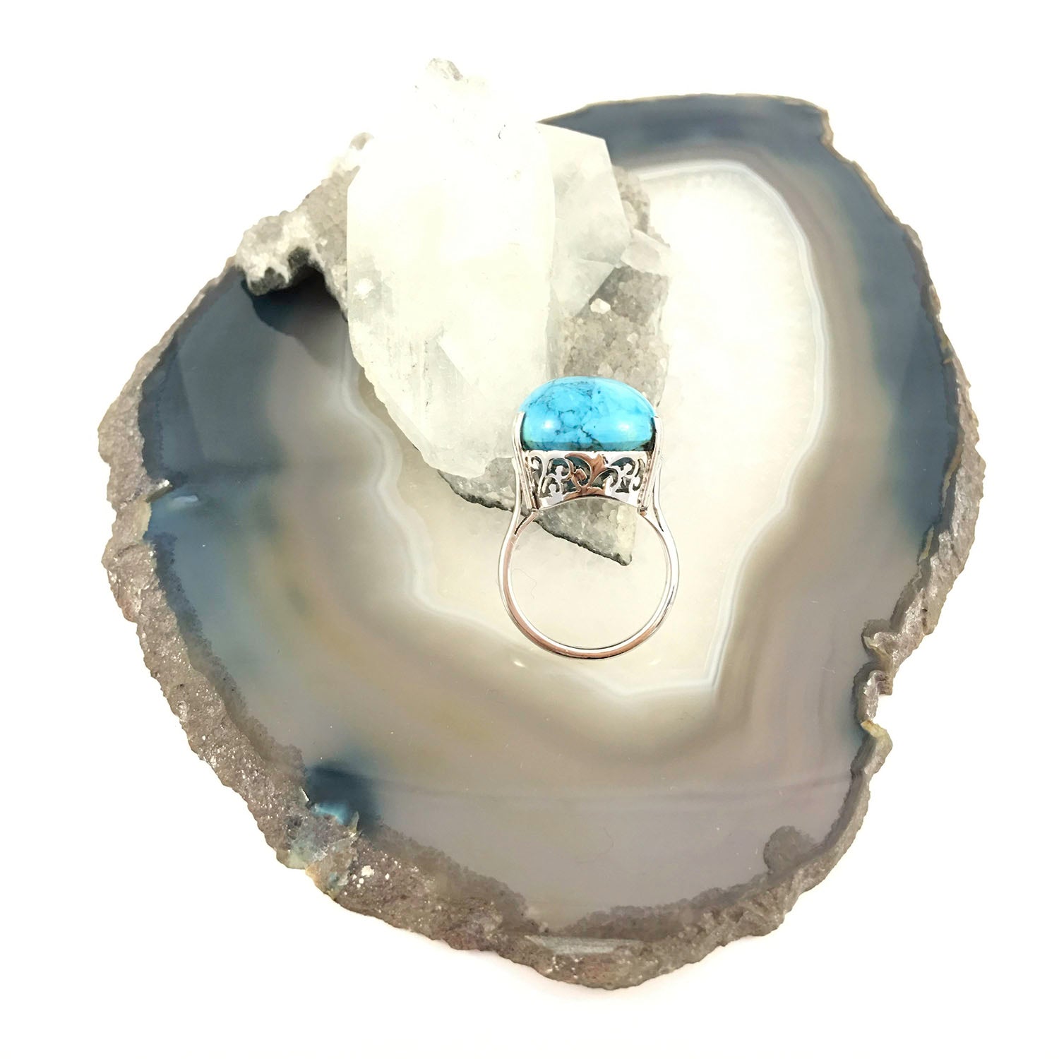 Ganesha Handicrafts, Large Turquoise in Floral Setting | Size Q | 925 Sterling Silver, Large Turquoise Silver Setting, 925 Sterling Silver Large Turquoise in Floral Setting, Trending Floral Setting.