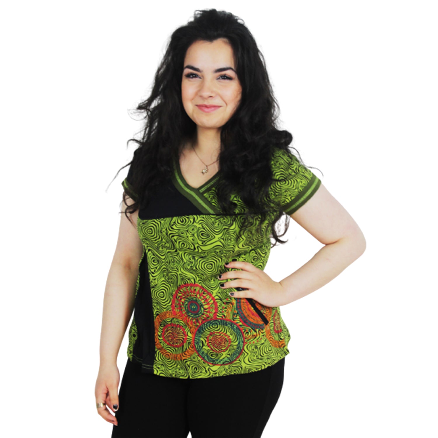 Ganesha Handicrafts, Mandala Pattern V-Neck, Mandala V-Neck, Womens fashion V-Neck T-shirt, Trending for Women's V-Neck T-shirt. Mandala style V-Neck T-shirt.