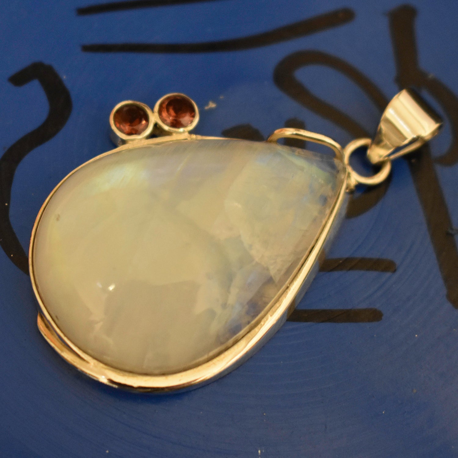 Ganesha Handicrafts, Moonstone and Garnet Teardrop, Moonstone type Teardrop, Womens Trending Pendant, New Model Womens Tear drop Pendant, Womens Modern Drop Pendant, Stylish for Womens Drop Pendant. 