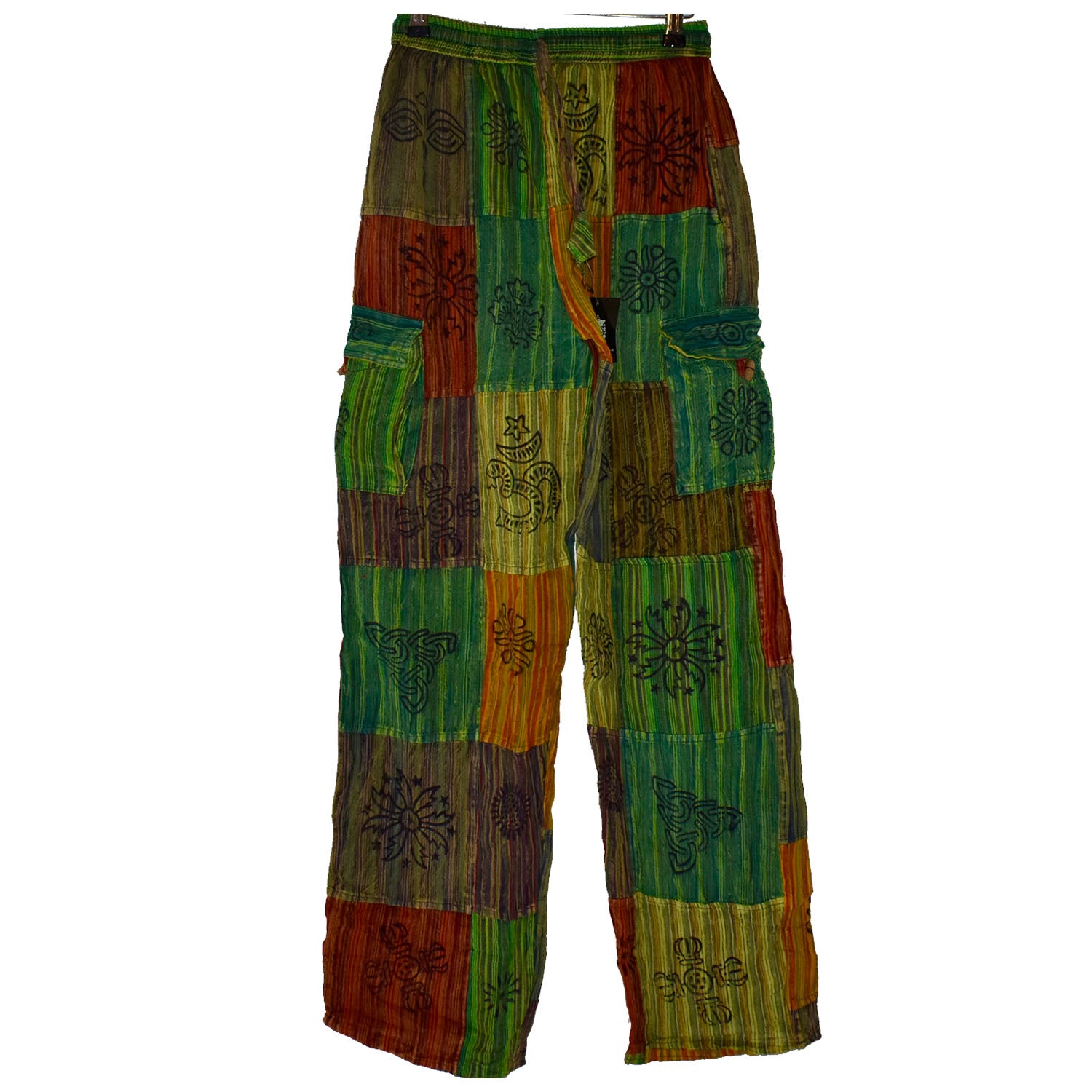 Ganesha Handicrafts, Nepalese Stamp Patchwork Trousers, Nepalese Stamp Trousers, Trending Trousers, Trousers, Green Colour Nepalese Stamp Patchwork Trousers. 