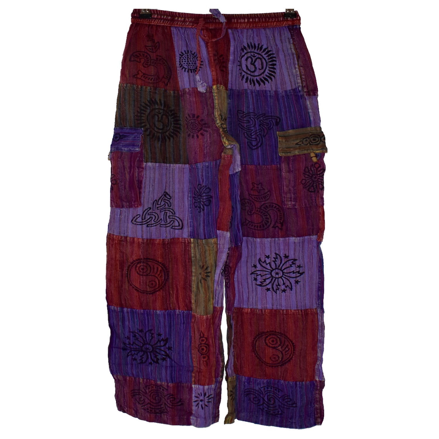 Ganesha Handicrafts, Nepalese Stamp Patchwork Trousers, Nepalese Stamp Trousers, Trending Trousers, Trousers, Purple Colour Nepalese Stamp Patchwork Trousers. 