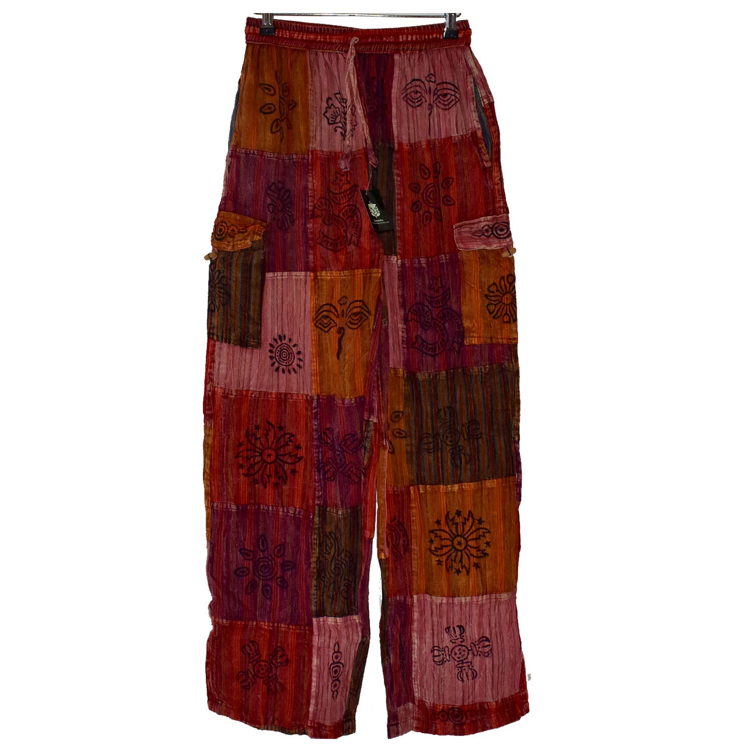 Ganesha Handicrafts, Nepalese Stamp Patchwork Trousers, Nepalese Stamp Trousers, Trending Trousers, Trousers, Red Colour Nepalese Stamp Patchwork Trousers. 