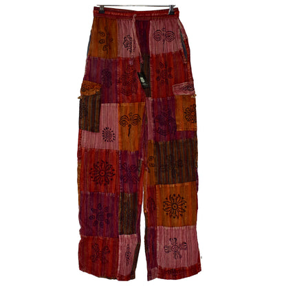 Ganesha Handicrafts, Nepalese Stamp Patchwork Trousers, Nepalese Stamp Trousers, Trending Trousers, Trousers, Red Colour Nepalese Stamp Patchwork Trousers. 