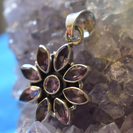 Ganesha Handicrafts, Sterling Silver Amethyst Flower Pendant (925), Sterling Silver Amethyst Flower Pendant, Silver Amethyst Pendant, 925-Silver Amethyst Pendant, Womens Trending Pendant, Women Fashion Pendant, New Pendant Collections.