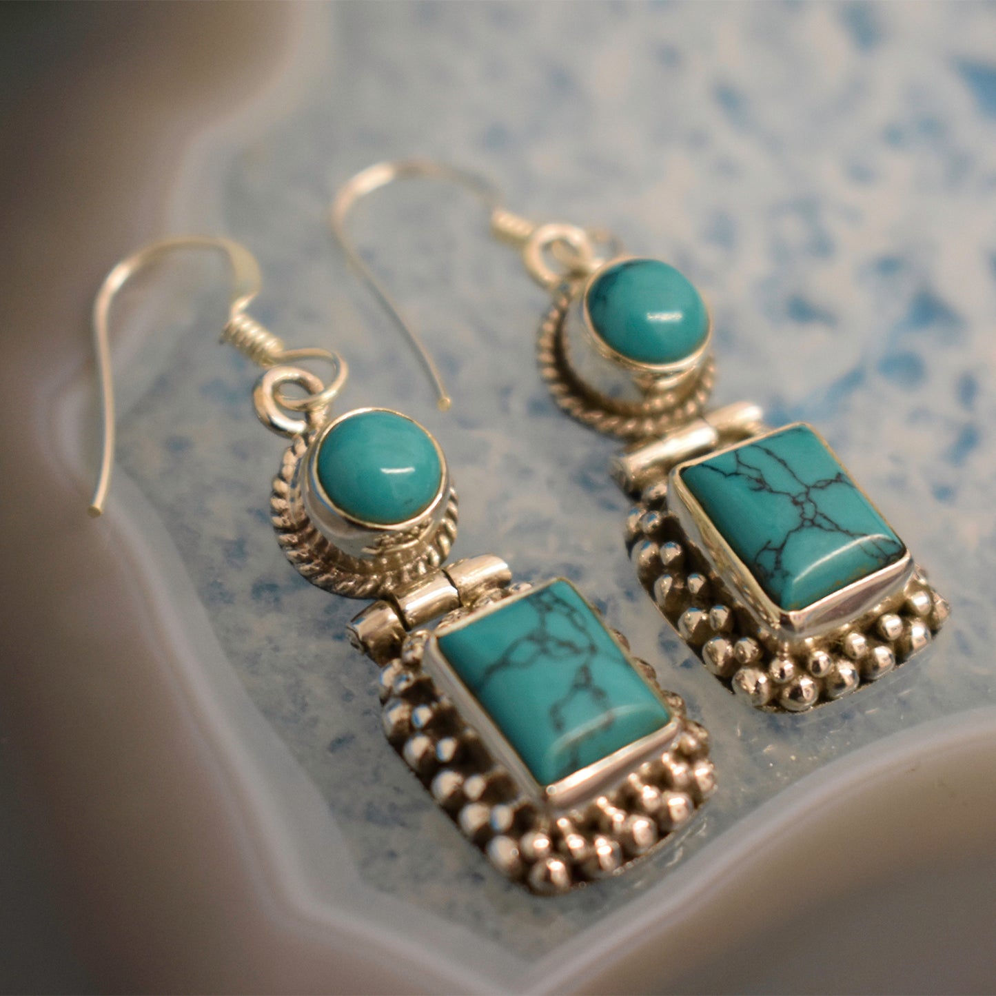 Ganesha Handicrafts, Sterling Silver Double Drop Square Earrings, Double Drop Square Earrings, 925-Sterling Silver Earrings, Womens Trending Silver Earrings. Green Sterling Silver Earrings.