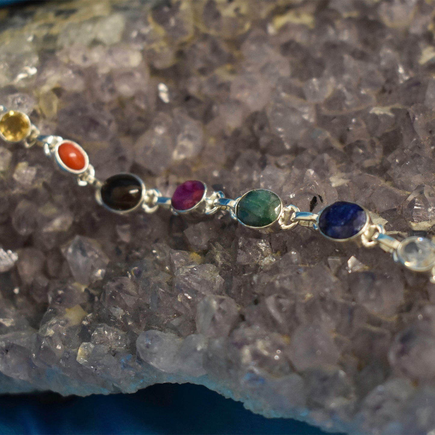 Ganesha Handicrafts, Sterling Silver Multi-Chakra Bracelet, 925-Sterling silver Bracelet, Women's Trending Bracelet, Multi-Chakra Bracelet, Women's Stylish Bracelet.