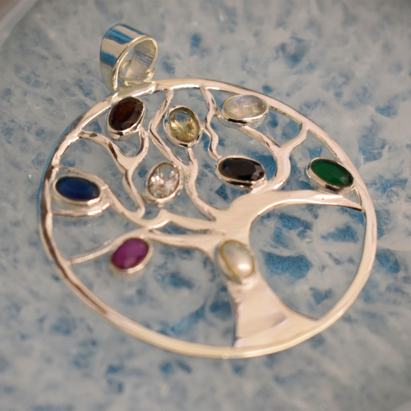 Ganesha Handicrafts Sterling Silver Multi-chakra Tree of Life Pendant (925), Tree of life pendant, Multi chakra pendant, Silver Chakra Pendant, Multicolour Pendant