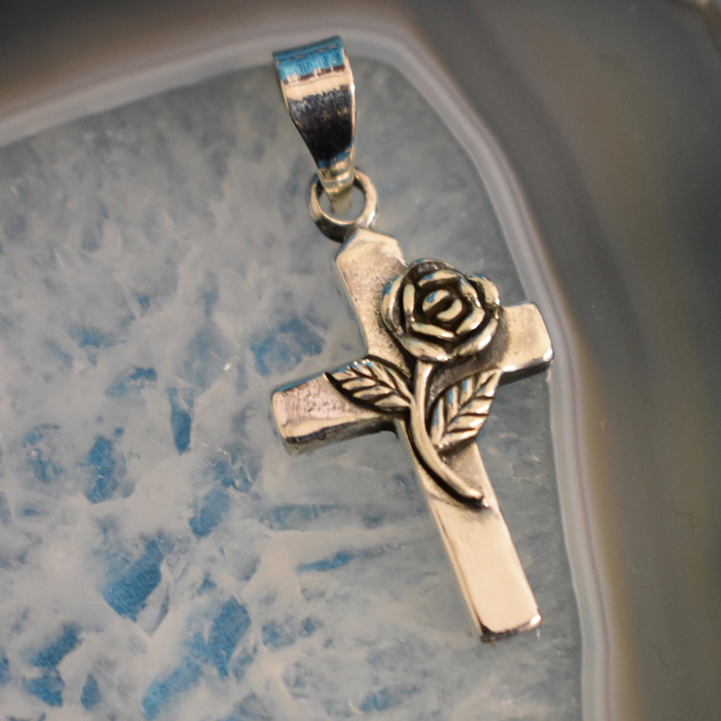 Ganesha Handicrafts, Silver Rose Cross, 925-Sterling Silver Rose Cross, Women's Trending Cross, New Womens Modern Silver 925 Cross.  