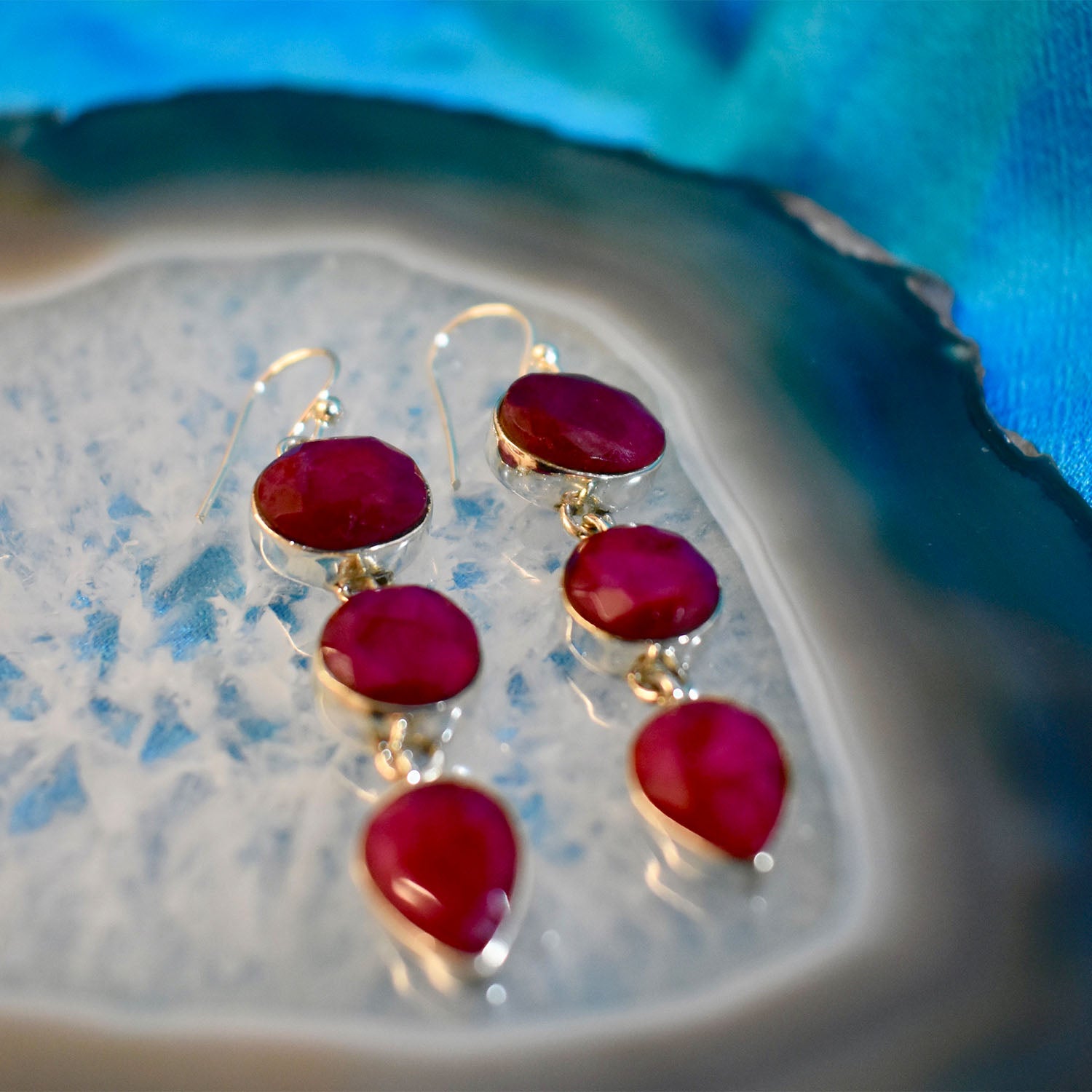 Ganesha Handicrafts Sterling Silver Triple Drop Ruby Earrings (925), Earrings, Ruby Earrings, Drop Ruby Earrings, Triple Drop Earrings, Silver Earrings, Sterling Triple Drop Earrings