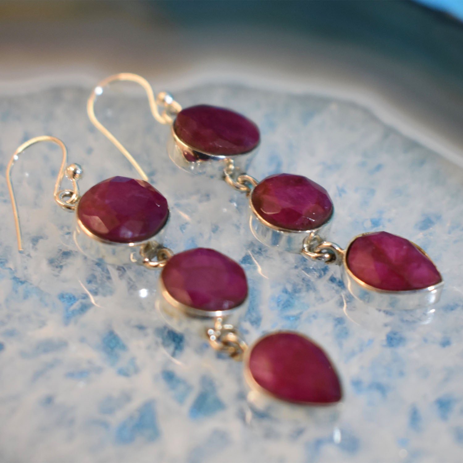 Ganesha Handicrafts Sterling Silver Triple Drop Ruby Earrings (925), Earrings, Ruby Earrings, Drop Ruby Earrings, Triple Drop Earrings, Silver Earrings, Sterling Triple Drop Earrings